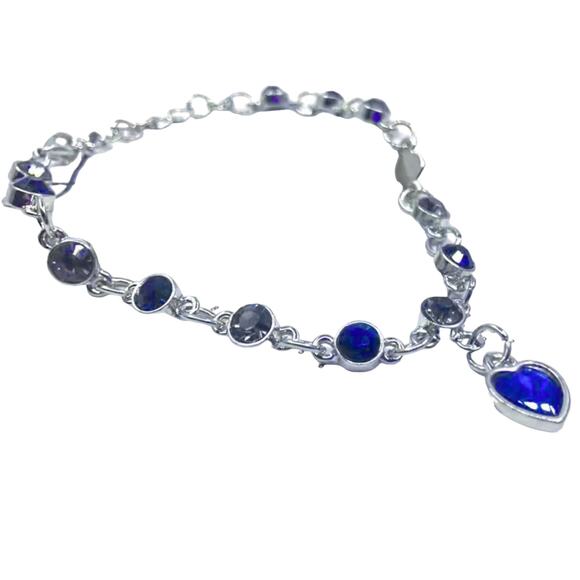 Silver with shades of blue rhinestone bracelet dangling heart NWT Darling Gift - Picture 2 of 5